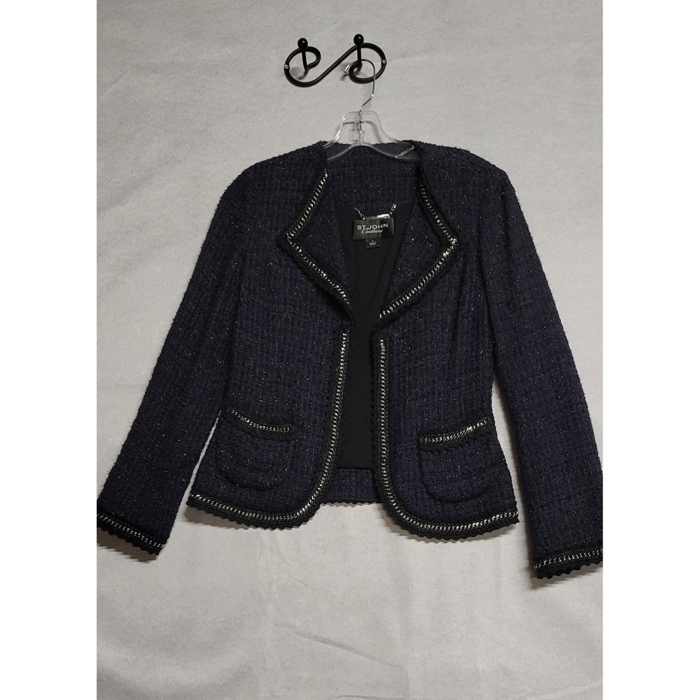 Navy Tweed With Silver Chain Link Trim St John Couture Jacket Size 2